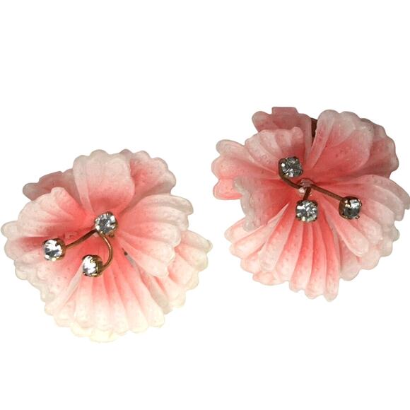 Vintage Austrian Lucite Floral Clip On Earrings 1950s Rhinestone Mid Century - Picture 11 of 11